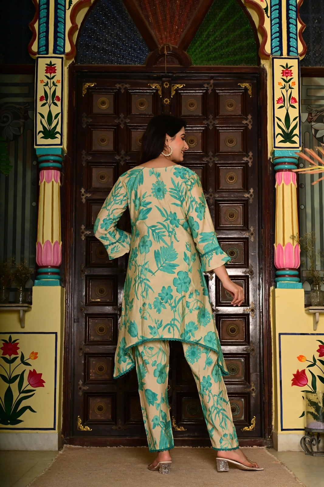 Rama Green Silk-Cotton 2-Piece Cord Set with Moti Work & Printed Plazo