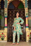 Rama Green Silk-Cotton 2-Piece Cord Set with Moti Work & Printed Plazo