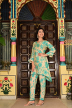 Rama Green Silk-Cotton 2-Piece Cord Set with Moti Work & Printed Plazo