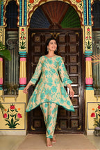 Rama Green Silk-Cotton 2-Piece Cord Set with Moti Work & Printed Plazo