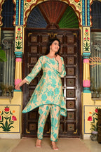 Rama Green Silk-Cotton 2-Piece Cord Set with Moti Work & Printed Plazo