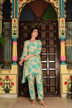 Rama Green Silk-Cotton 2-Piece Cord Set with Moti Work & Printed Plazo