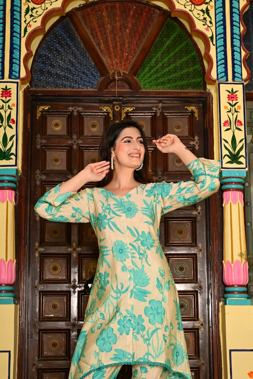 Rama Green Silk-Cotton 2-Piece Cord Set with Moti Work & Printed Plazo