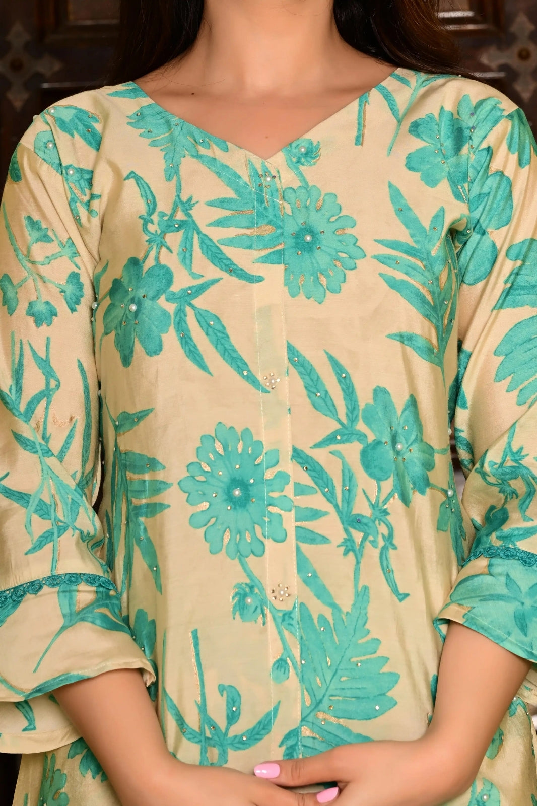 Rama Green Silk-Cotton 2-Piece Cord Set with Moti Work & Printed Plazo