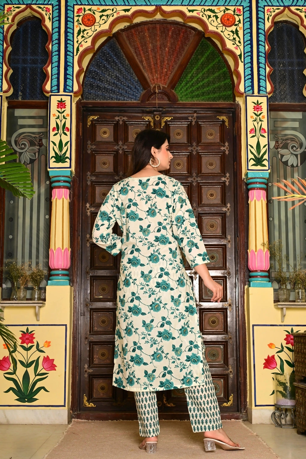 Cream Pure Cotton 3-Piece Suit Set with Bottle Green Floral Print