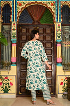 Cream Pure Cotton 3-Piece Suit Set with Bottle Green Floral Print