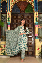 Cream Pure Cotton 3-Piece Suit Set with Bottle Green Floral Print
