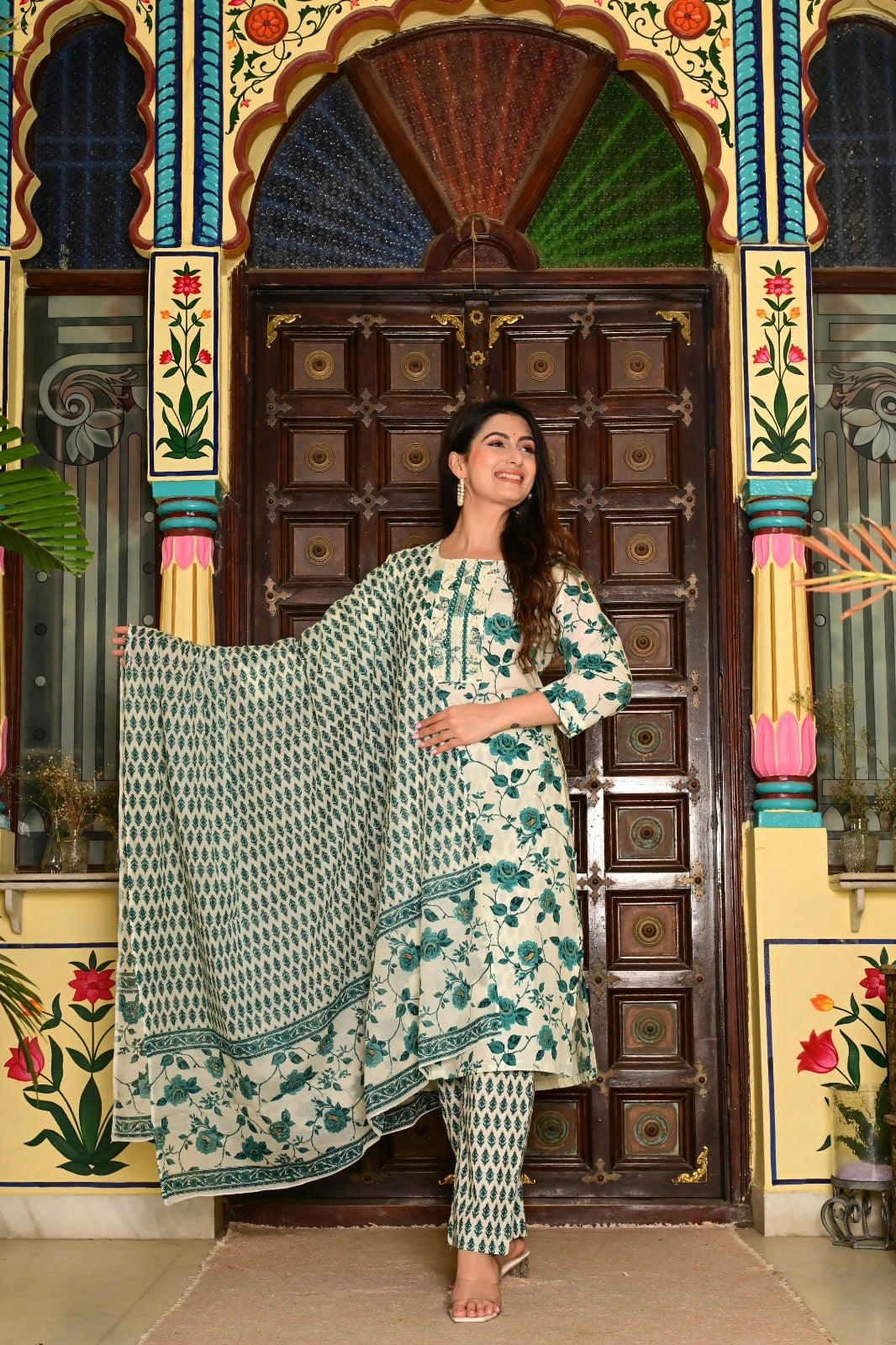 Cream Pure Cotton 3-Piece Suit Set with Bottle Green Floral Print