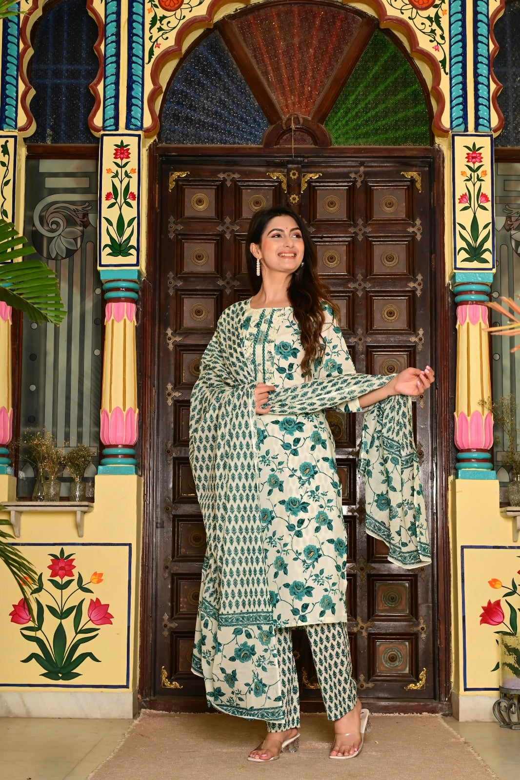 Cream Pure Cotton 3-Piece Suit Set with Bottle Green Floral Print