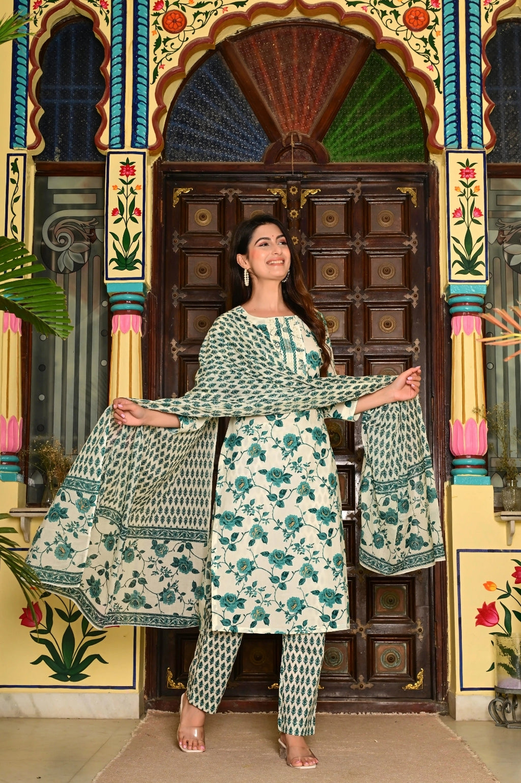 Cream Pure Cotton 3-Piece Suit Set with Bottle Green Floral Print