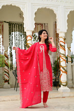 Rani Pink Silk 3-Piece Zari Work Suit Set with Organza Dupatta