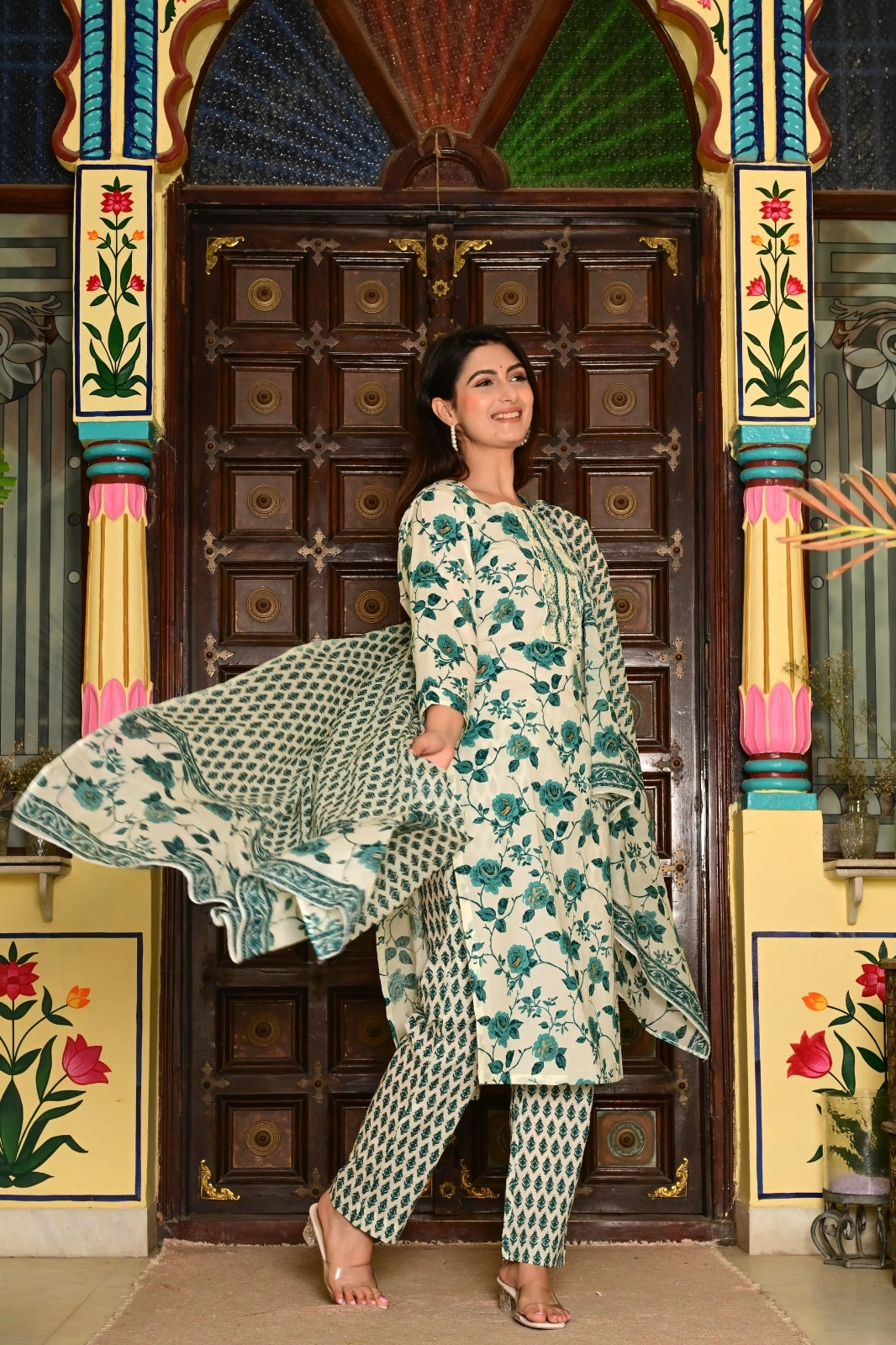 Cream Pure Cotton 3-Piece Suit Set with Bottle Green Floral Print