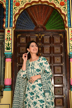 Cream Pure Cotton 3-Piece Suit Set with Bottle Green Floral Print