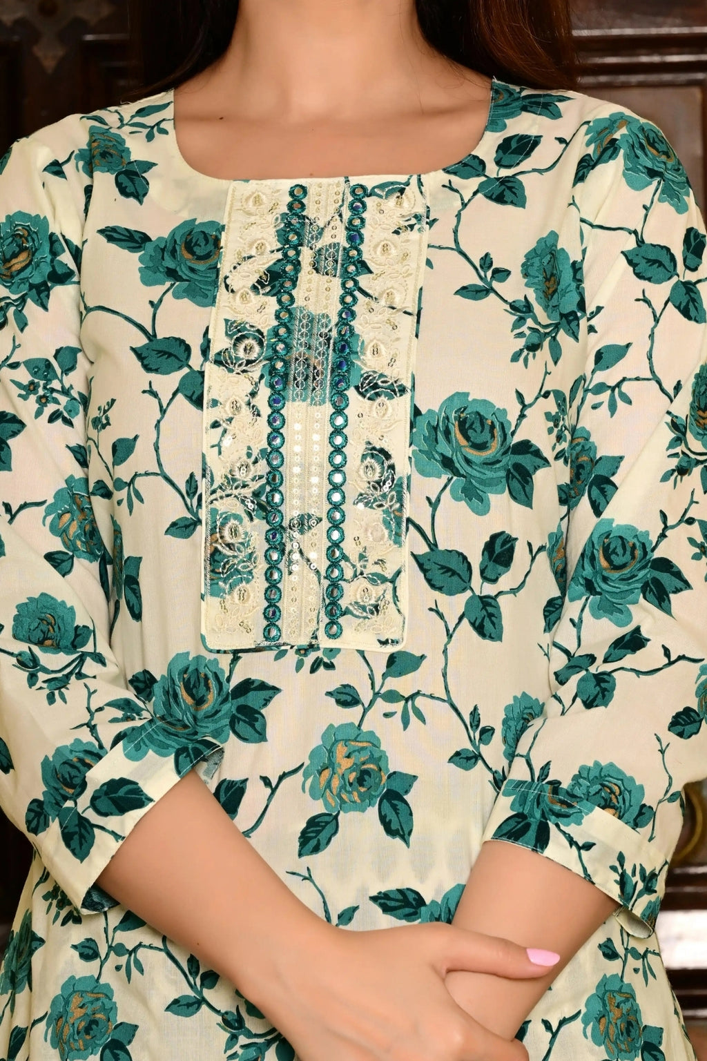 Cream Pure Cotton 3-Piece Suit Set with Bottle Green Floral Print