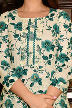 Cream Pure Cotton 3-Piece Suit Set with Bottle Green Floral Print