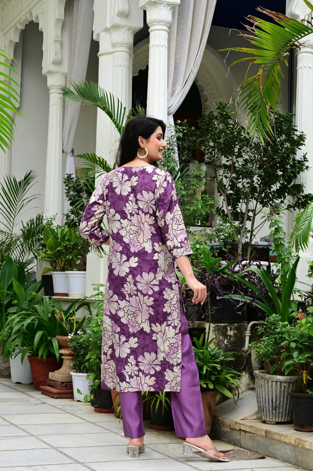 Purple Suit Set in V. Vatikan Fabric with Neck Embroidery