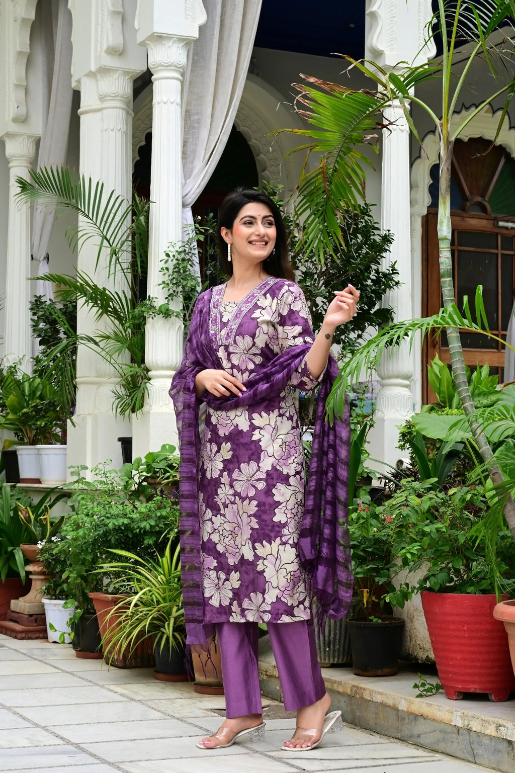 Purple Suit Set in V. Vatikan Fabric with Neck Embroidery