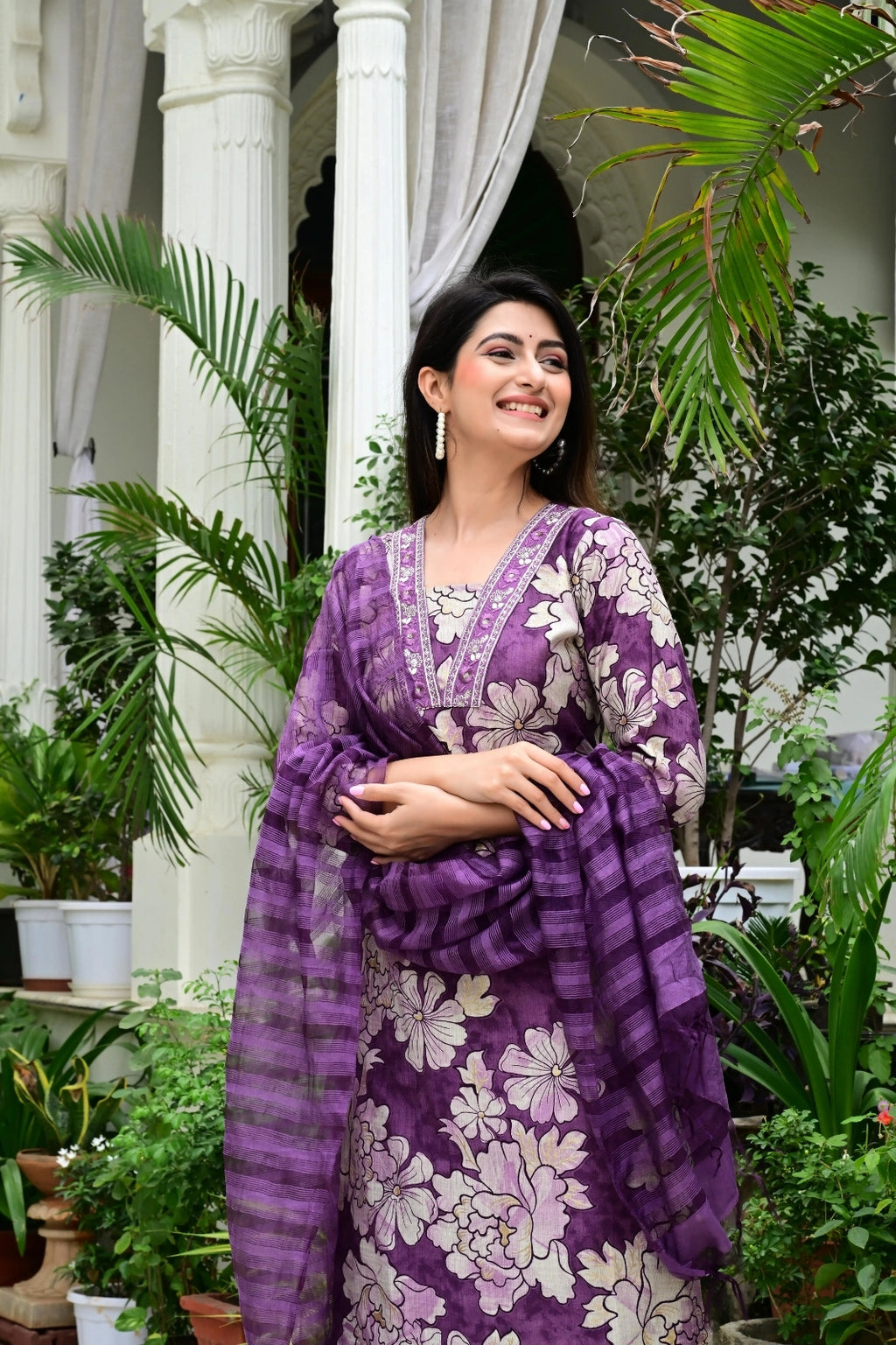 Purple Suit Set in V. Vatikan Fabric with Neck Embroidery