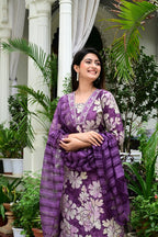 Purple Suit Set in V. Vatikan Fabric with Neck Embroidery