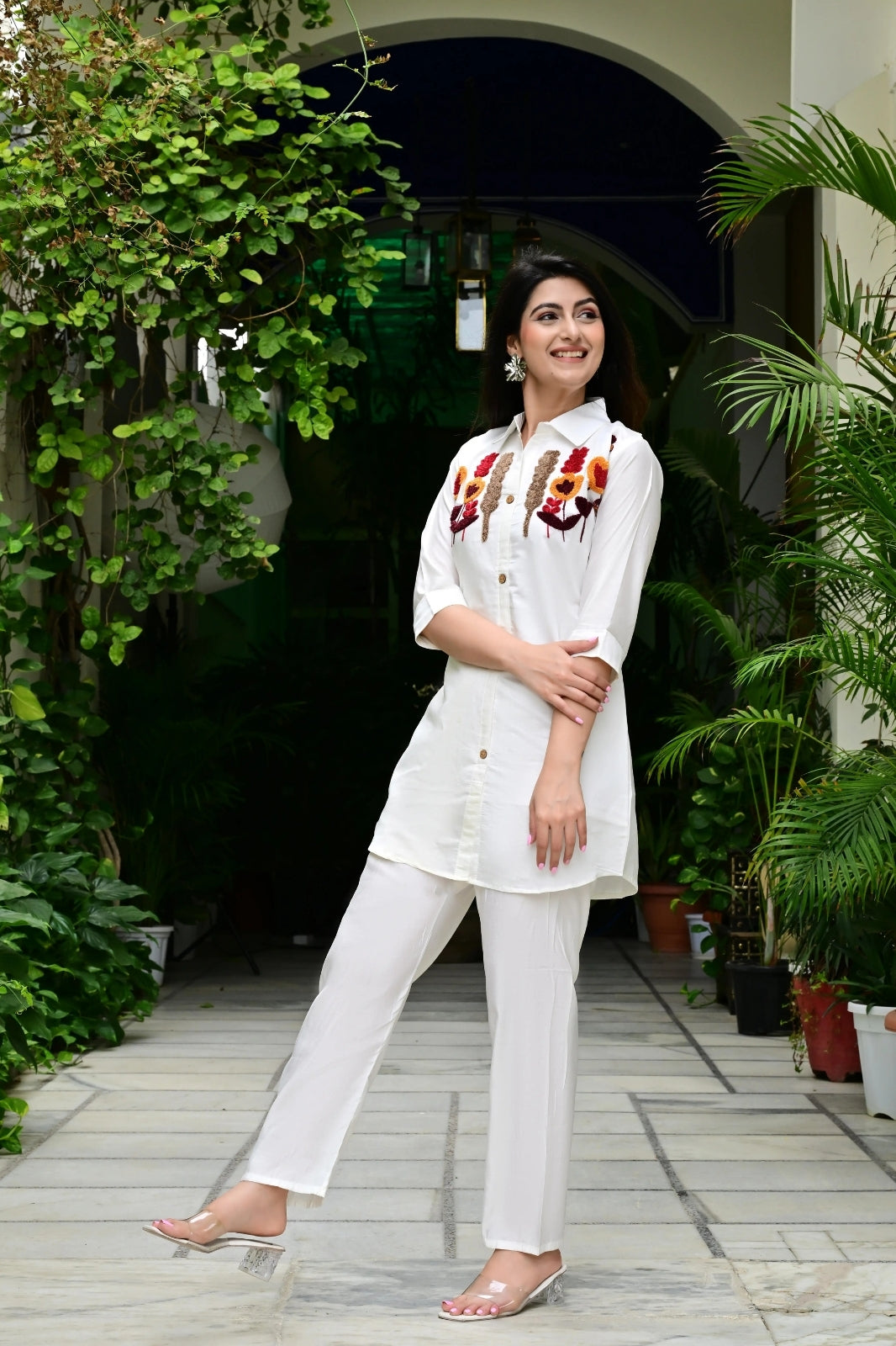 Cream Silk-Cotton Cord Set with Colorful Embroidery & Plain Pant