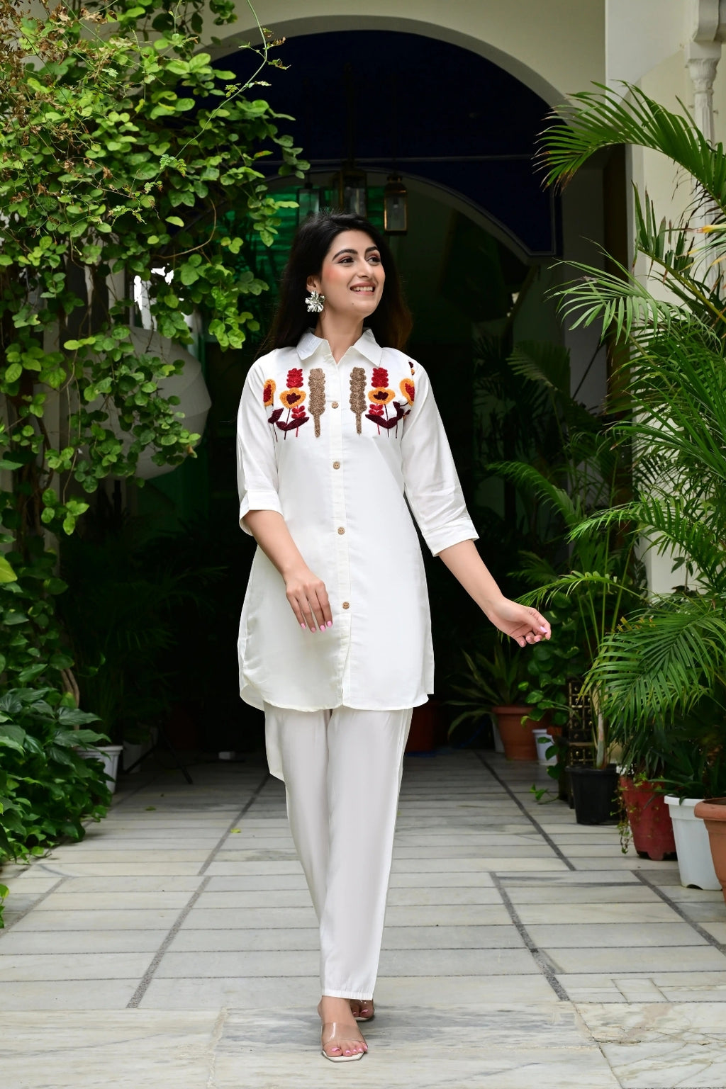 Cream Silk-Cotton Cord Set with Colorful Embroidery & Plain Pant