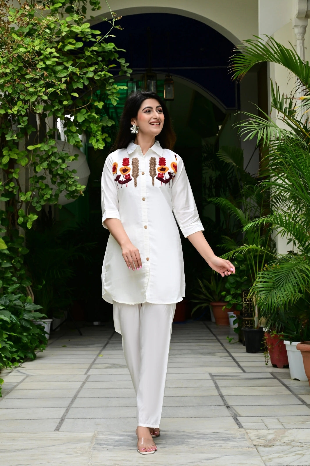 Cream Silk-Cotton Cord Set with Colorful Embroidery & Plain Pant