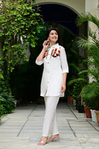 Cream Silk-Cotton Cord Set with Colorful Embroidery & Plain Pant
