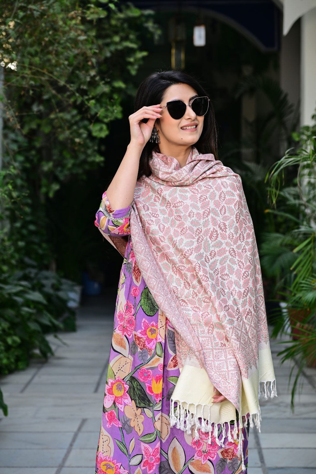 Soft Pastel Shawl with Floral & Geometric Weaving