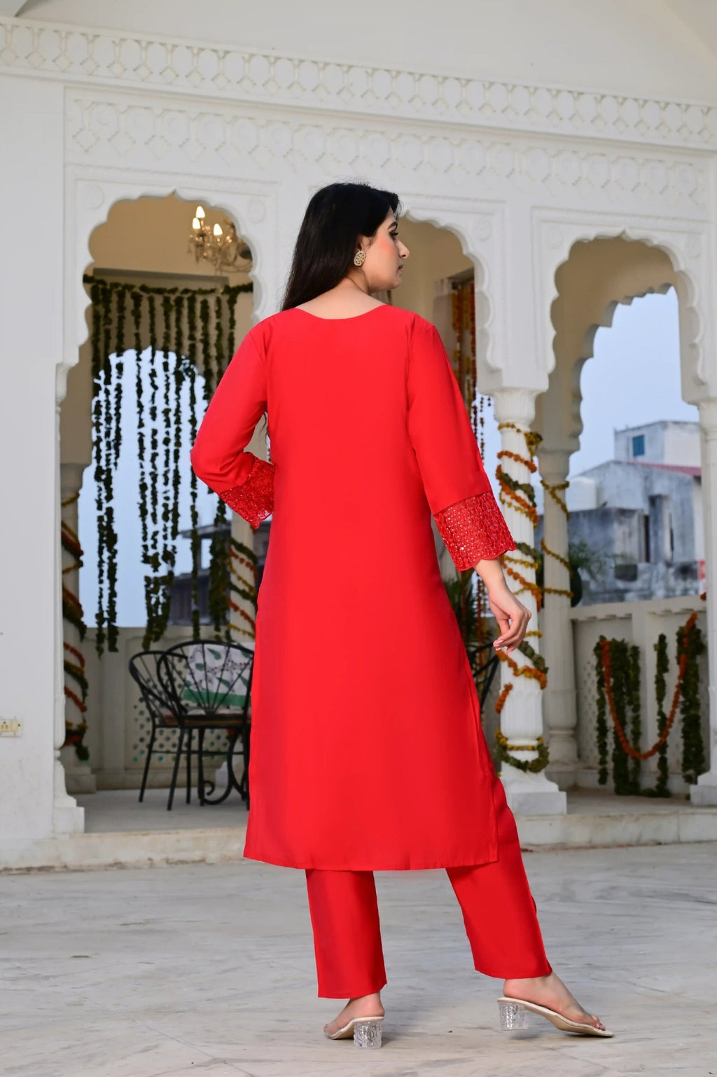 Red Cotton 3-Piece Suit Set with Heavy Embroidery & Organza Dupatta