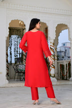 Red Cotton 3-Piece Suit Set with Heavy Embroidery & Organza Dupatta