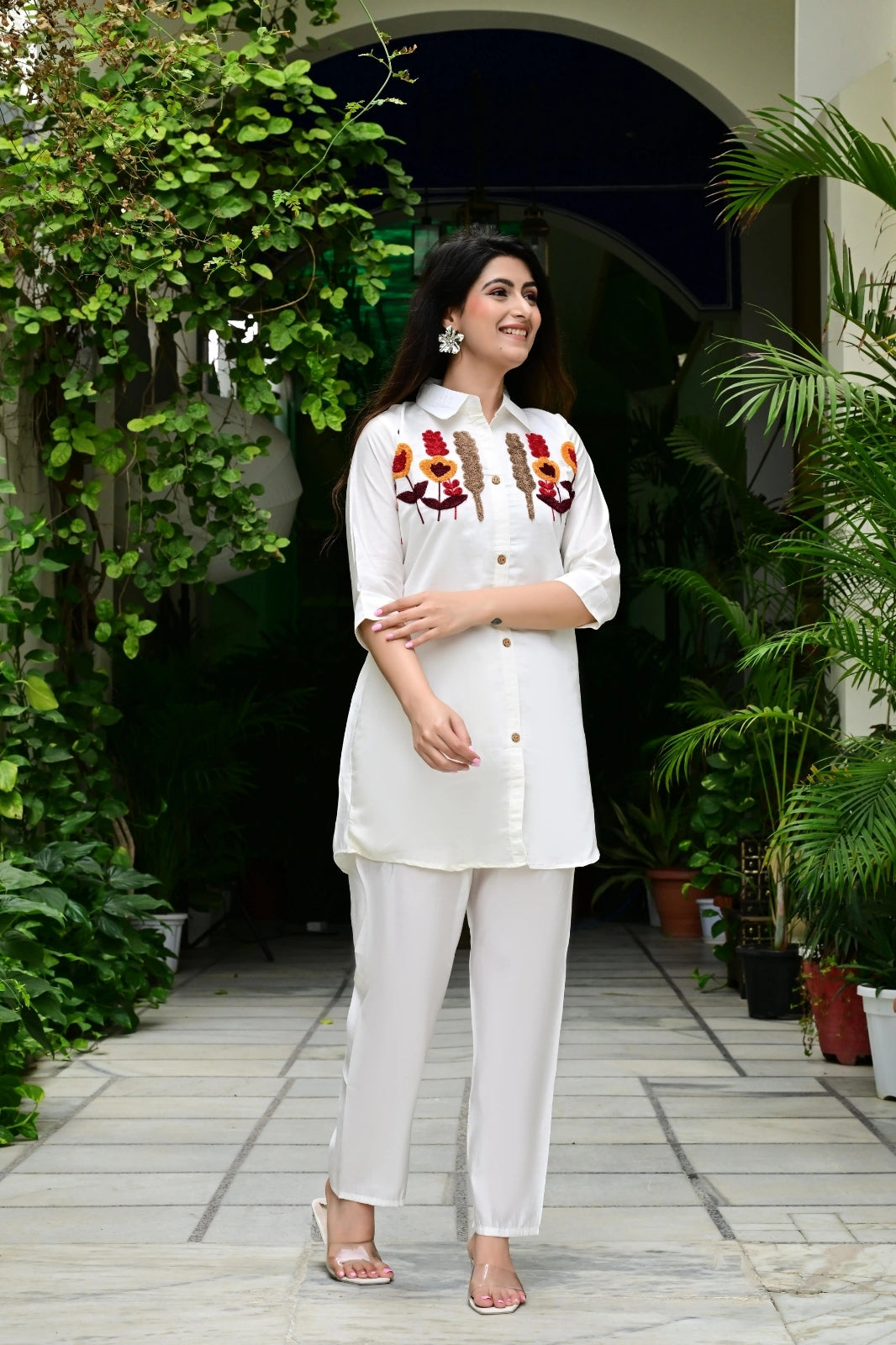 Cream Silk-Cotton Cord Set with Colorful Embroidery & Plain Pant