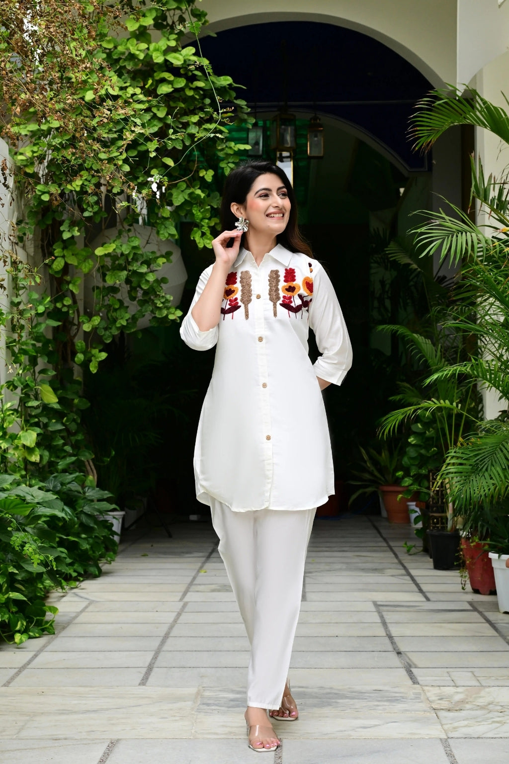 Cream Silk-Cotton Cord Set with Colorful Embroidery & Plain Pant