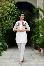 Cream Silk-Cotton Cord Set with Colorful Embroidery & Plain Pant