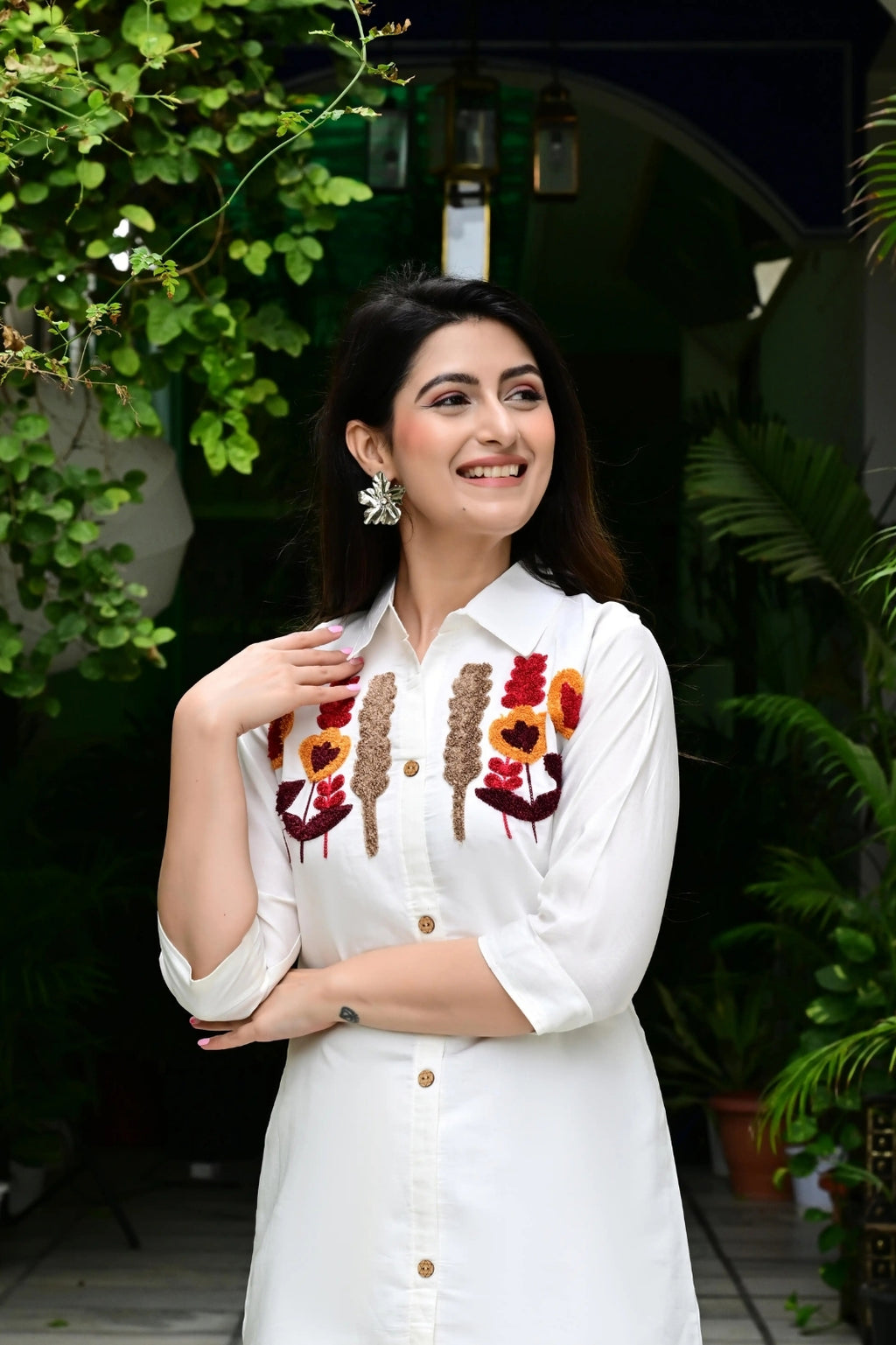 Cream Silk-Cotton Cord Set with Colorful Embroidery & Plain Pant