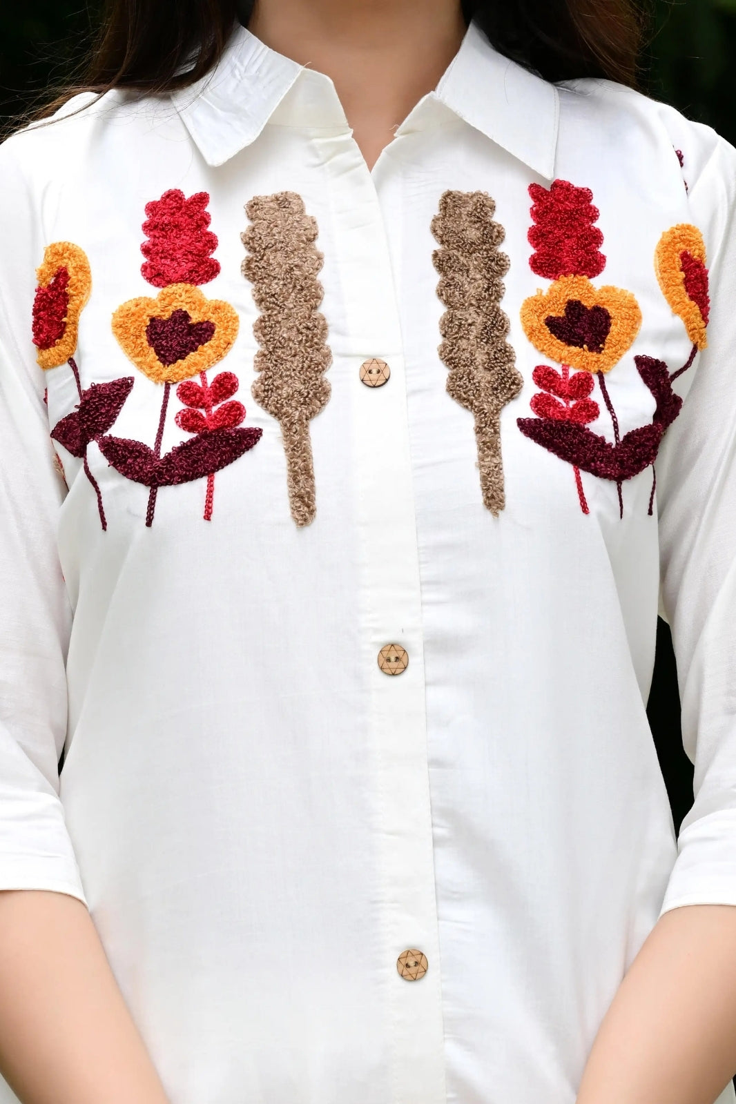 Cream Silk-Cotton Cord Set with Colorful Embroidery & Plain Pant