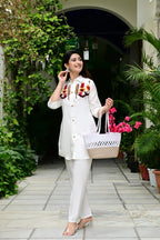 Cream Silk-Cotton Cord Set with Colorful Embroidery & Plain Pant
