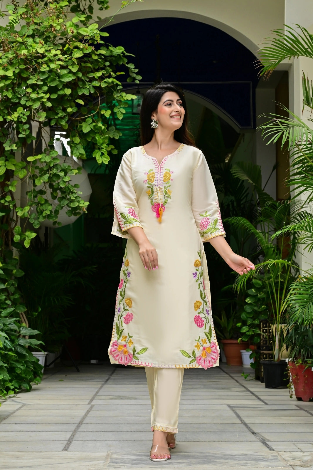 Cream Imported Silk 3-Piece Suit Set with Heavy Embroidery & Printed Tissue Dupatta