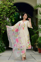 Cream Imported Silk 3-Piece Suit Set with Heavy Embroidery & Printed Tissue Dupatta