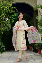 Cream Imported Silk 3-Piece Suit Set with Heavy Embroidery & Printed Tissue Dupatta