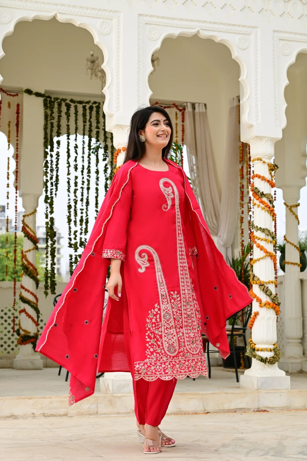 Rani Pink Silk 3-Piece Zari Work Suit Set with Organza Dupatta