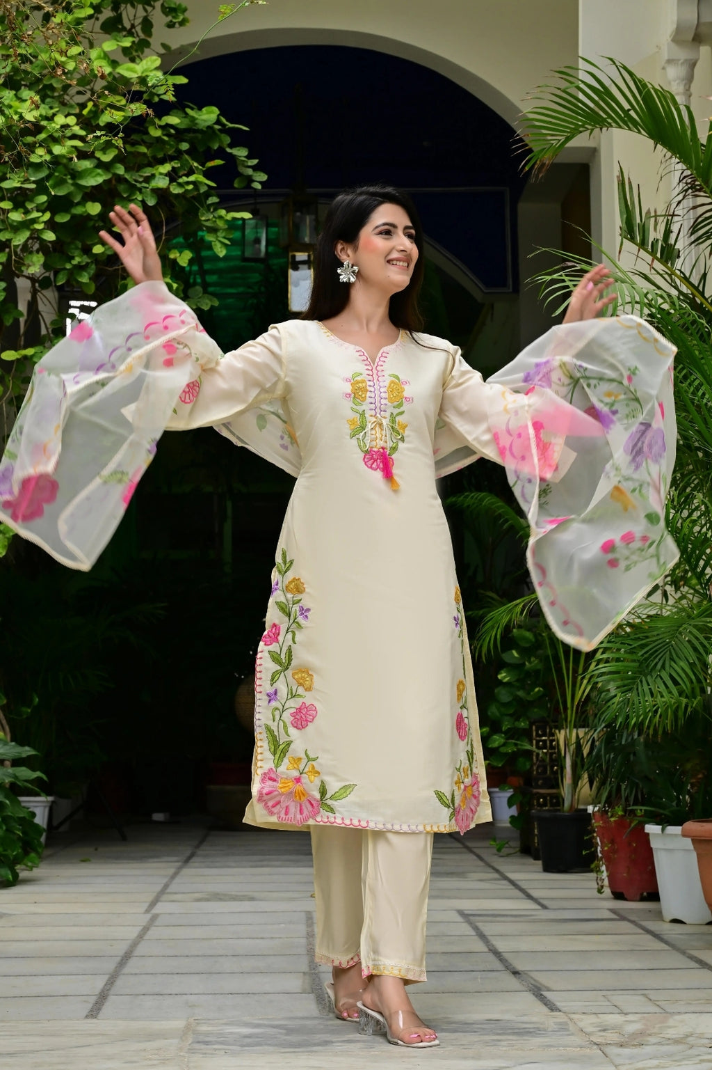 Cream Imported Silk 3-Piece Suit Set with Heavy Embroidery & Printed Tissue Dupatta