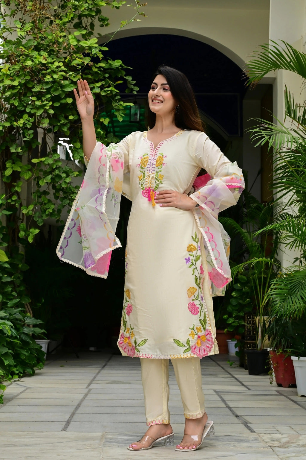 Cream Imported Silk 3-Piece Suit Set with Heavy Embroidery & Printed Tissue Dupatta