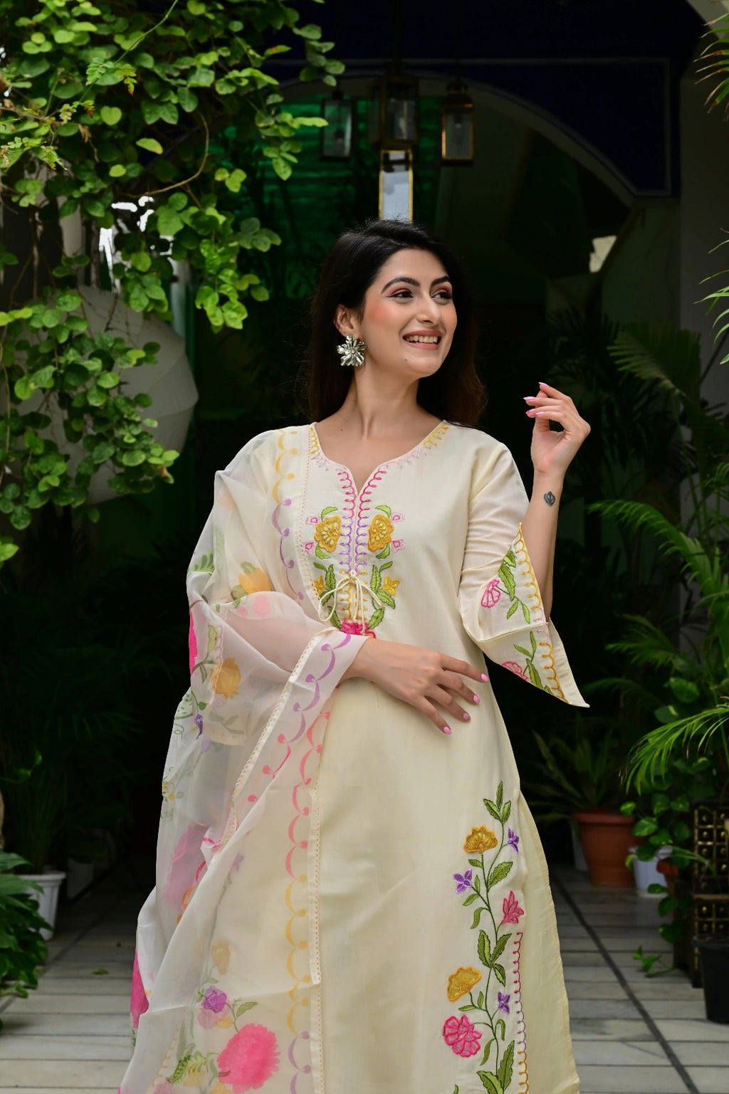 Cream Imported Silk 3-Piece Suit Set with Heavy Embroidery & Printed Tissue Dupatta