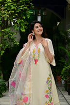 Cream Imported Silk 3-Piece Suit Set with Heavy Embroidery & Printed Tissue Dupatta