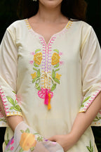 Cream Imported Silk 3-Piece Suit Set with Heavy Embroidery & Printed Tissue Dupatta