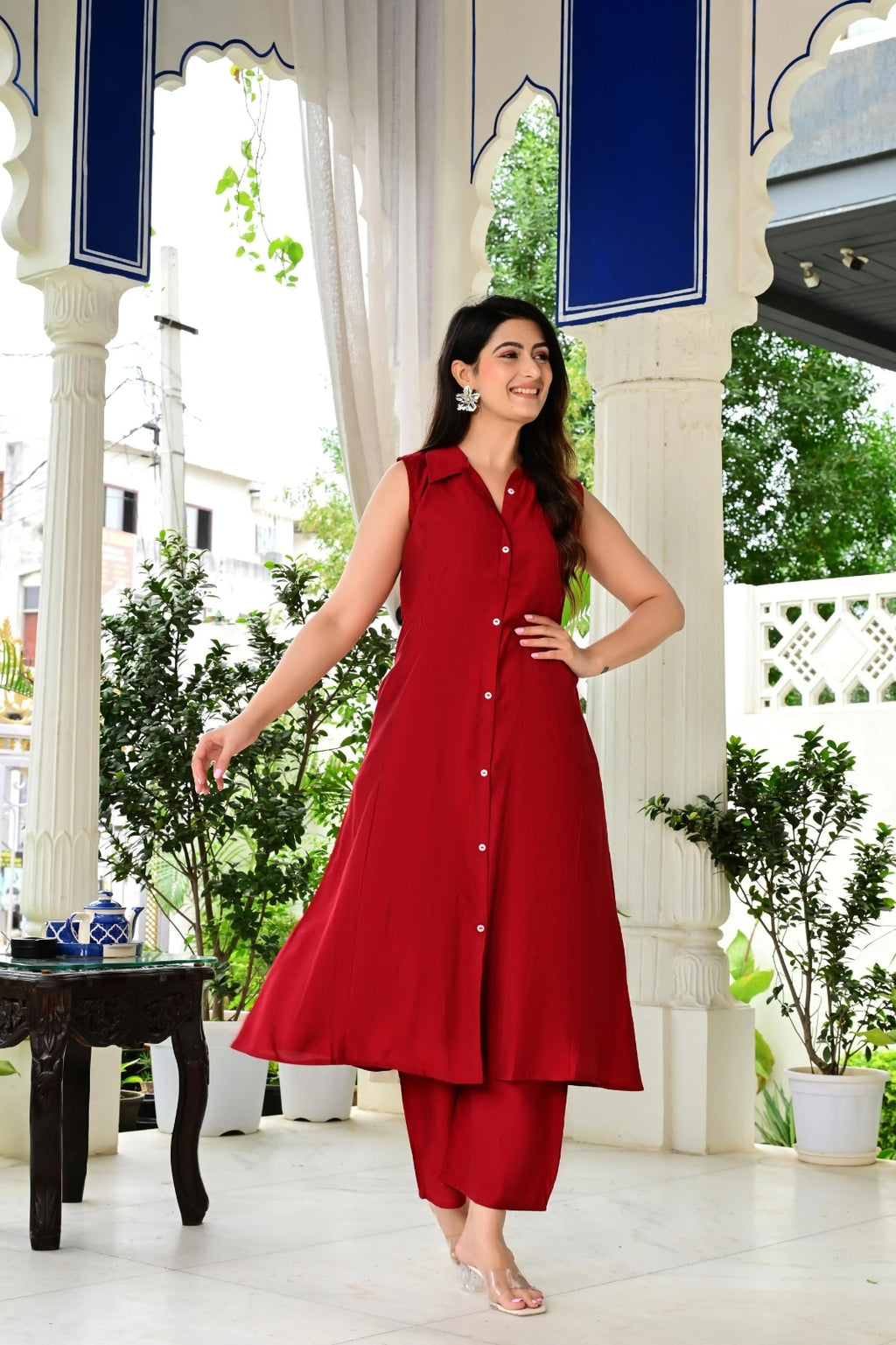 Red Color 2-Piece Cord Set in Silk Cotton Fabric