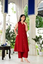 Red Color 2-Piece Cord Set in Silk Cotton Fabric