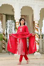 Rani Pink Silk 3-Piece Zari Work Suit Set with Organza Dupatta