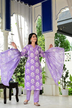 Lavender Pure Cotton 3-Piece Suit Set with White Floral Print