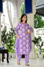 Lavender Pure Cotton 3-Piece Suit Set with White Floral Print